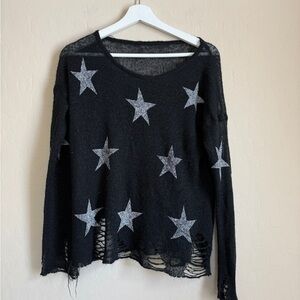 Black Star Patterned Women's Distressed Sweater Top Medium